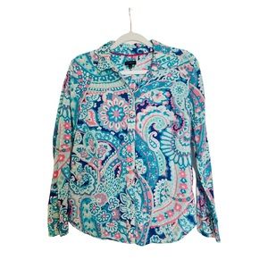 Talbots Women’s button up shirt, size S Aqua Pink Floral & Paisley pattern.